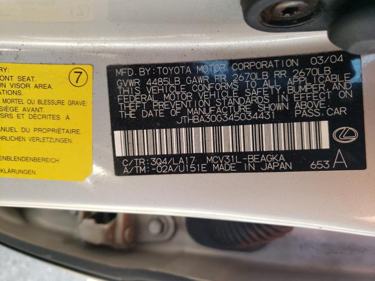 Photo 10 from auction – 2004 LEXUS ES 330 with VIN JTHBA30G345034431