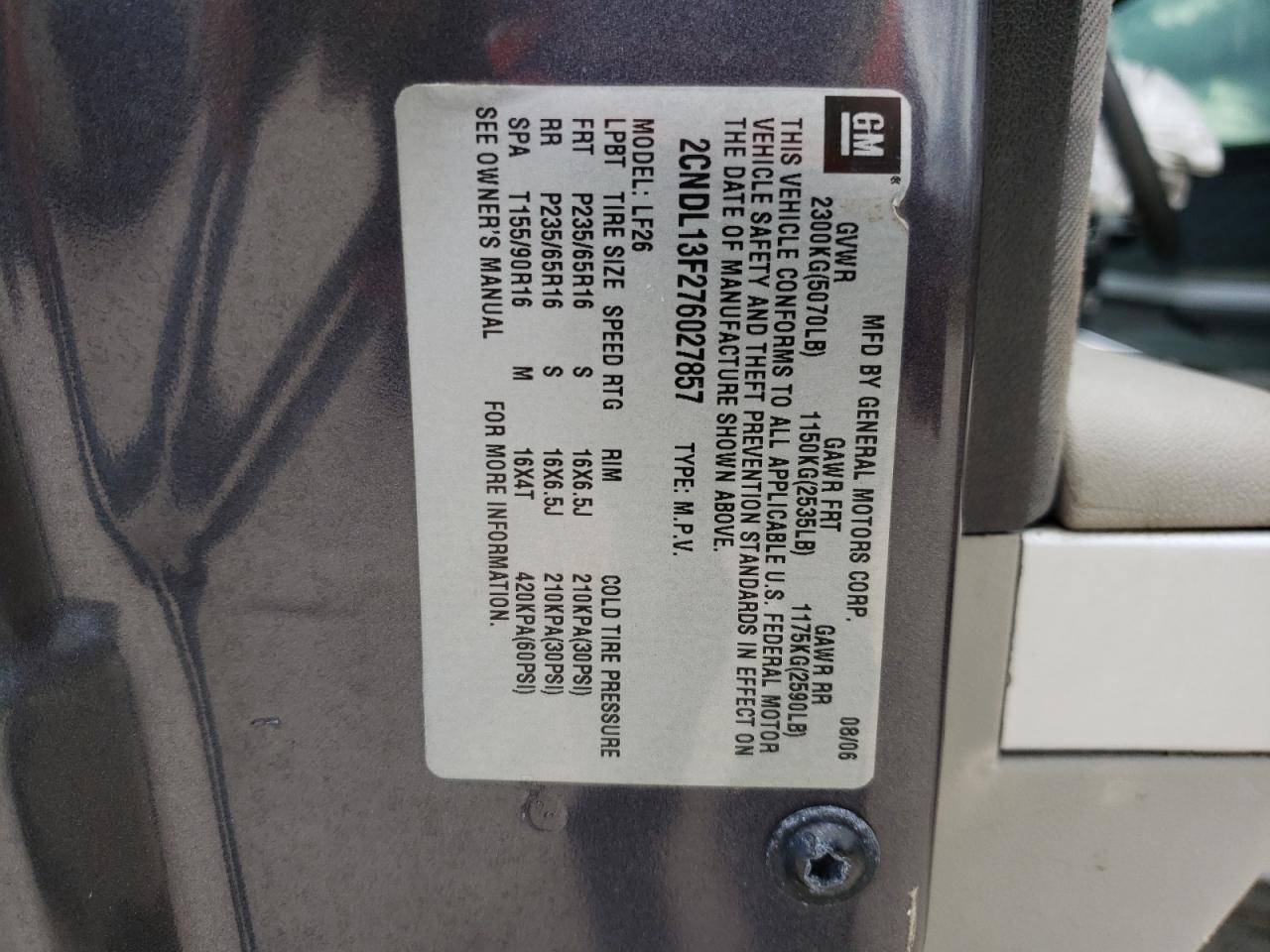Photo 10 from auction – 2007 CHEVROLET EQUINOX LS with VIN 2CNDL13F276027857