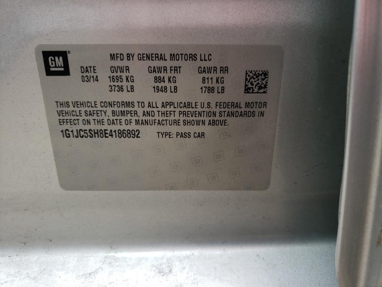 Photo 10 from auction – 2014 CHEVROLET SONIC LT with VIN 1G1JC5SH8E4186892