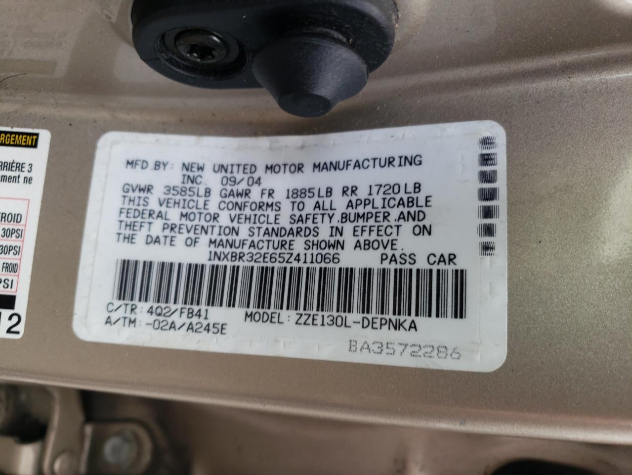 Photo 10 from auction – 2005 TOYOTA COROLLA CE with VIN 1NXBR32E65Z411066