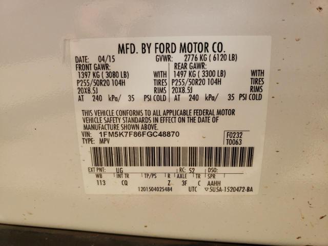 Photo 10 from auction – 2015 FORD EXPLORER L with VIN 1FM5K7F86FGC48870