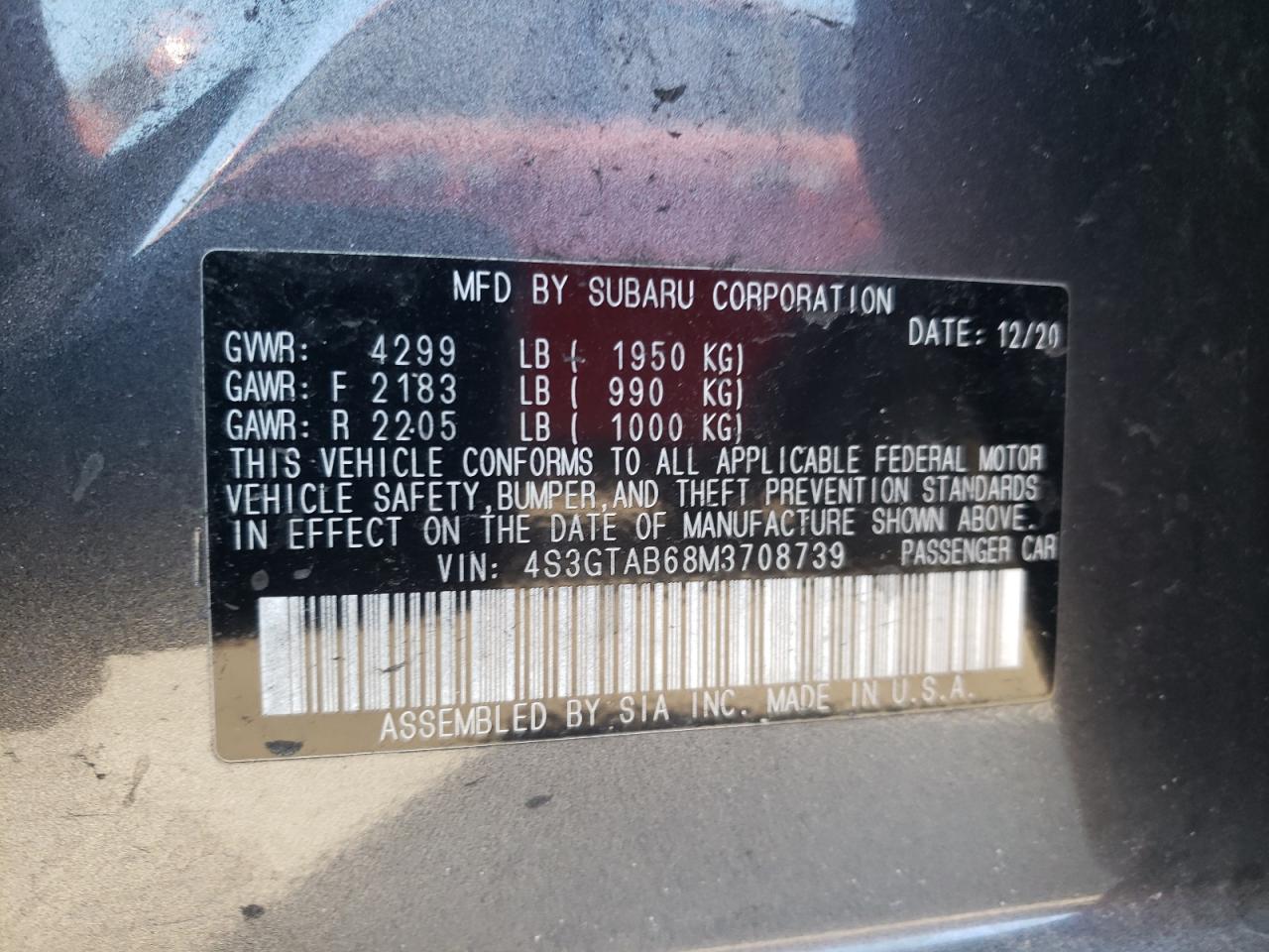 Photo 10 from auction – 2021 SUBARU IMPREZA with VIN 4S3GTAB68M3708739