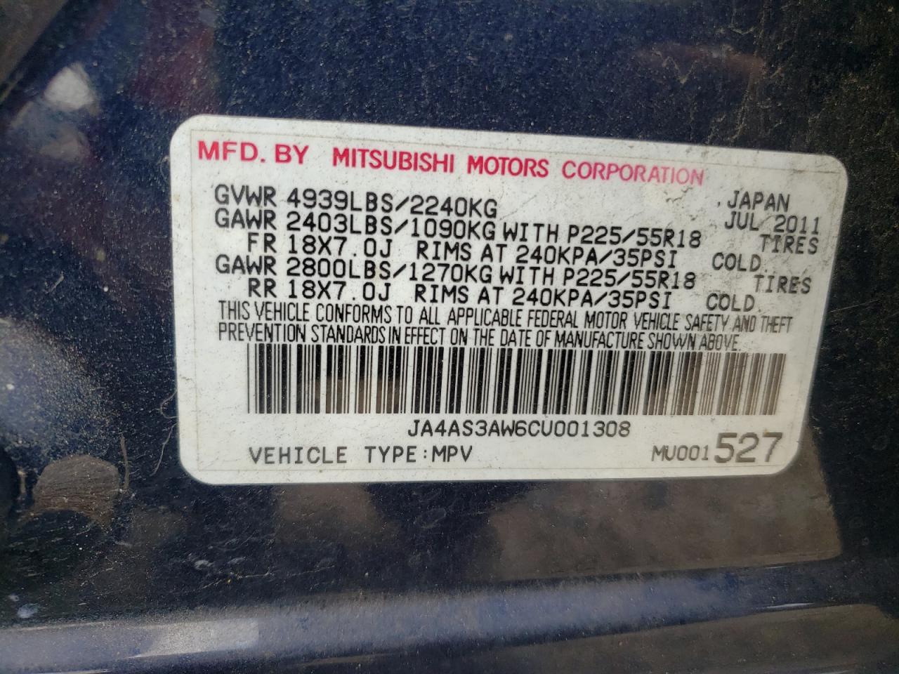 Photo 10 from auction – 2012 MITSUBISHI OUTLANDER with VIN JA4AS3AW6CU001308