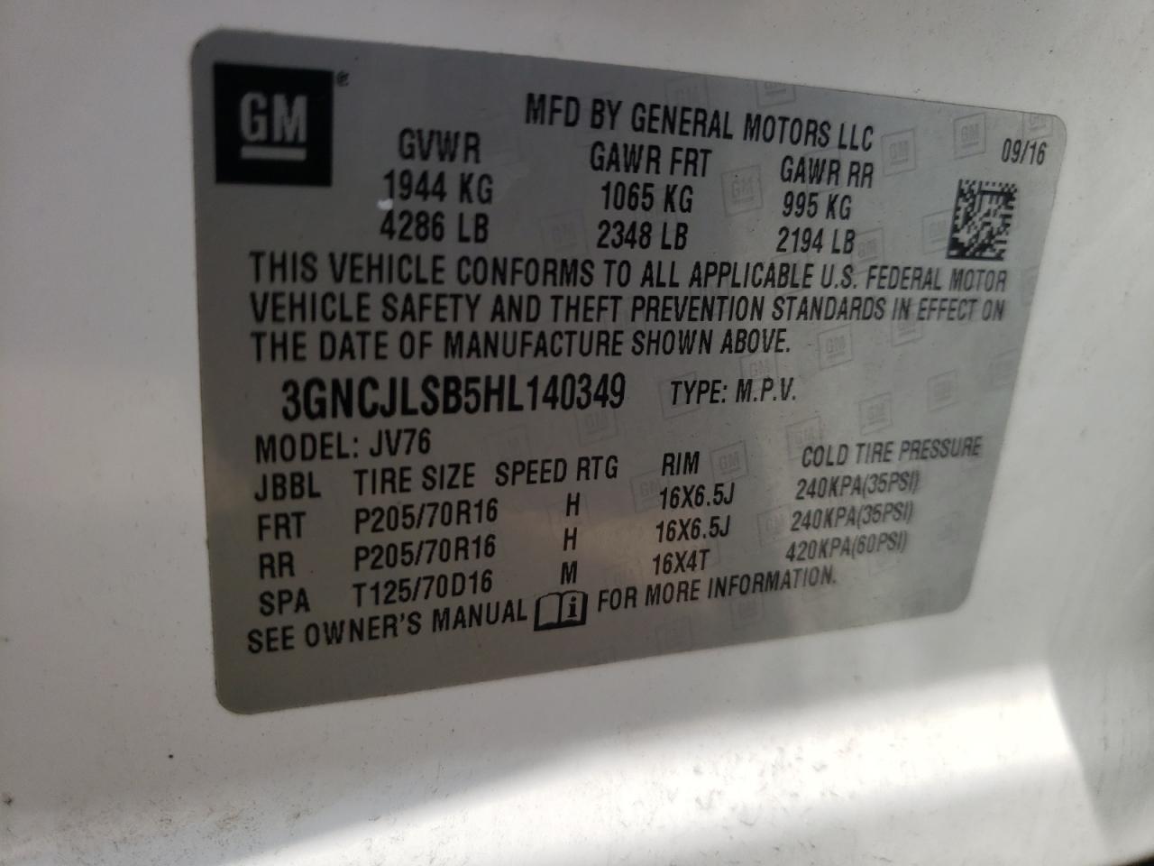 Photo 10 from auction – 2017 CHEVROLET TRAX 1LT with VIN 3GNCJLSB5HL140349