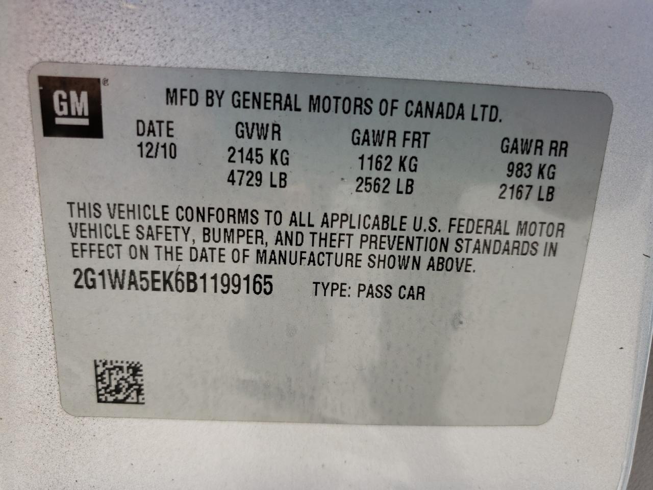 Photo 10 from auction – 2011 CHEVROLET IMPALA LS with VIN 2G1WA5EK6B1199165