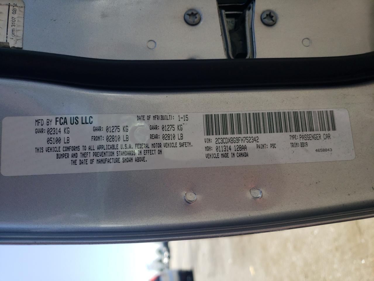 Photo 10 from auction – 2015 DODGE CHARGER SE with VIN 2C3CDXBG9FH752342