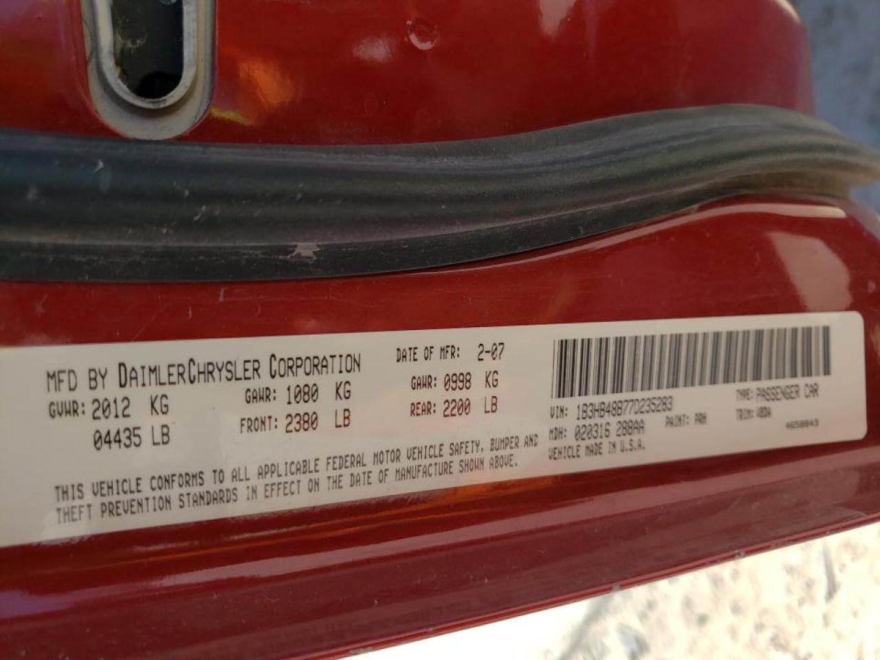 Photo 10 from auction – 2007 DODGE CALIBER SX with VIN 1B3HB48B77D235283