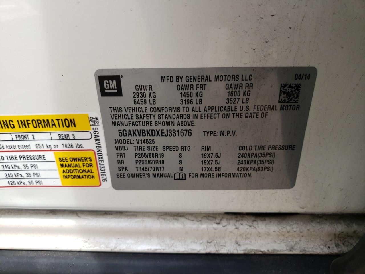 Photo 10 from auction – 2014 BUICK ENCLAVE with VIN 5GAKVBKDXEJ331676