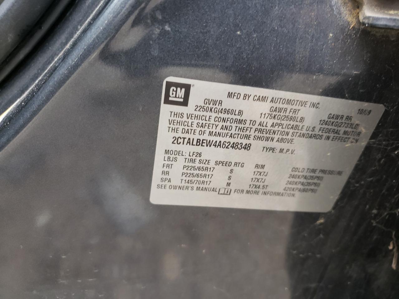 Photo 10 from auction – 2010 GMC TERRAIN SL with VIN 2CTALBEW4A6248348