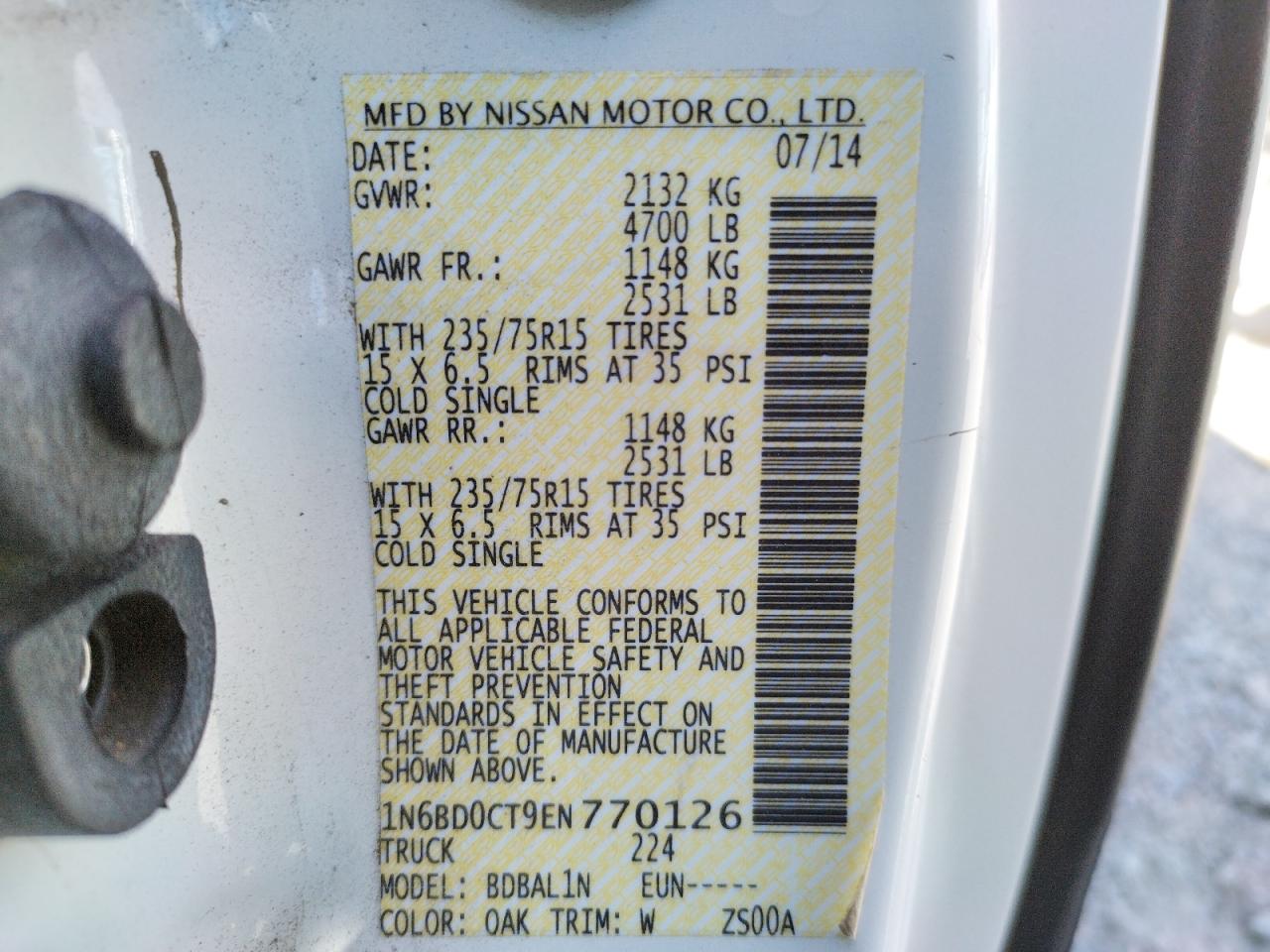 Photo 10 from auction – 2014 NISSAN FRONTIER S with VIN 1N6BD0CT9EN770126