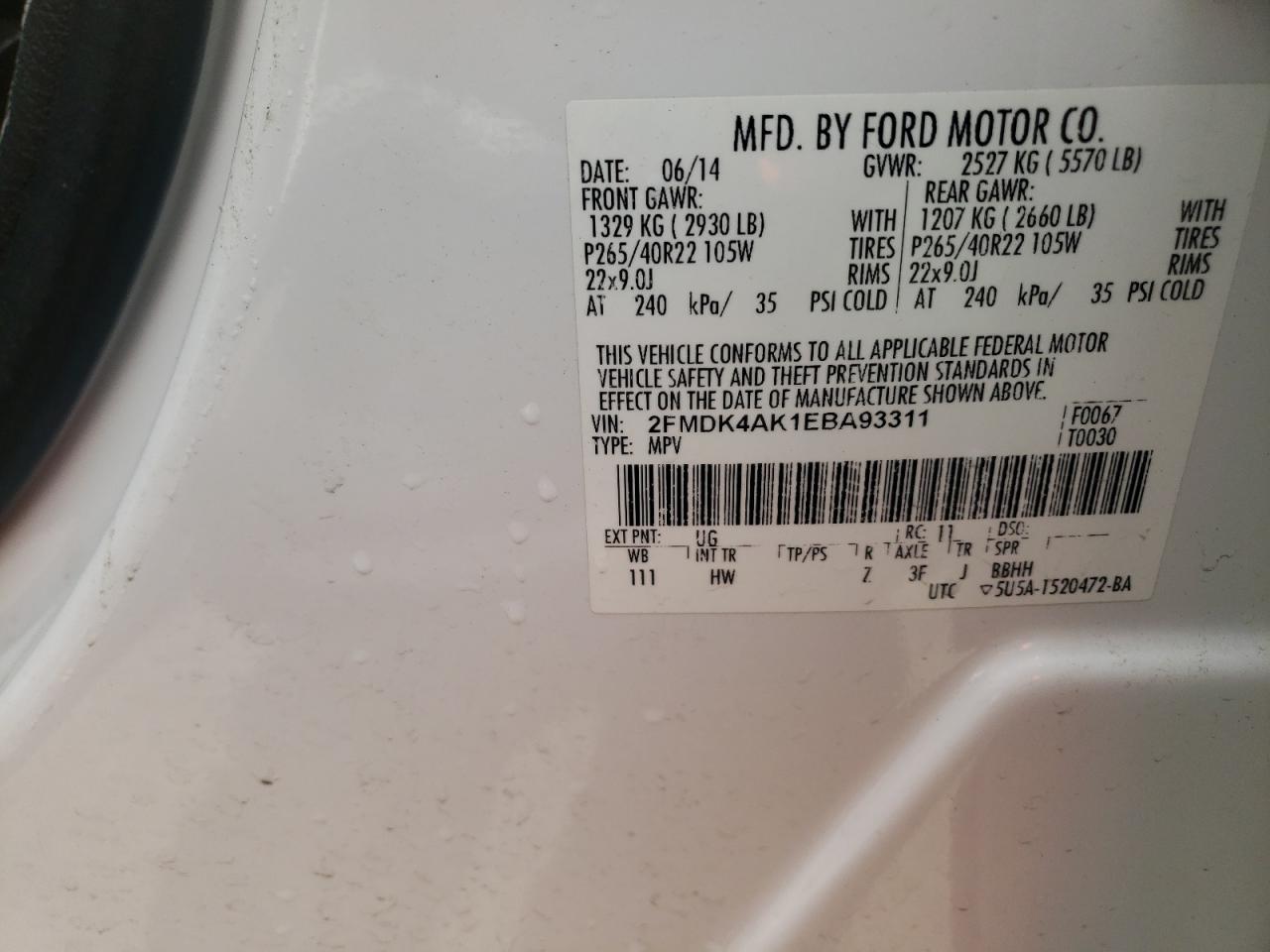 Photo 10 from auction – 2014 FORD EDGE SPORT with VIN 2FMDK4AK1EBA93311