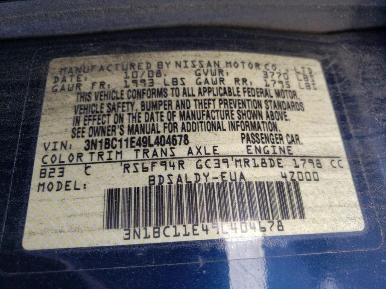Photo 10 from auction – 2009 NISSAN VERSA S with VIN 3N1BC11E49L404678