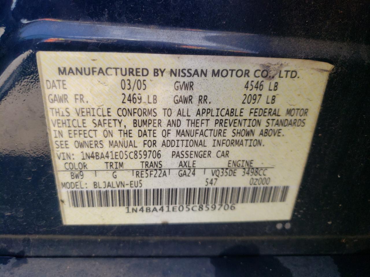 صورة رقم 10 من المزاد - 2005 NISSAN MAXIMA SE مع VIN 1N4BA41E05C859706