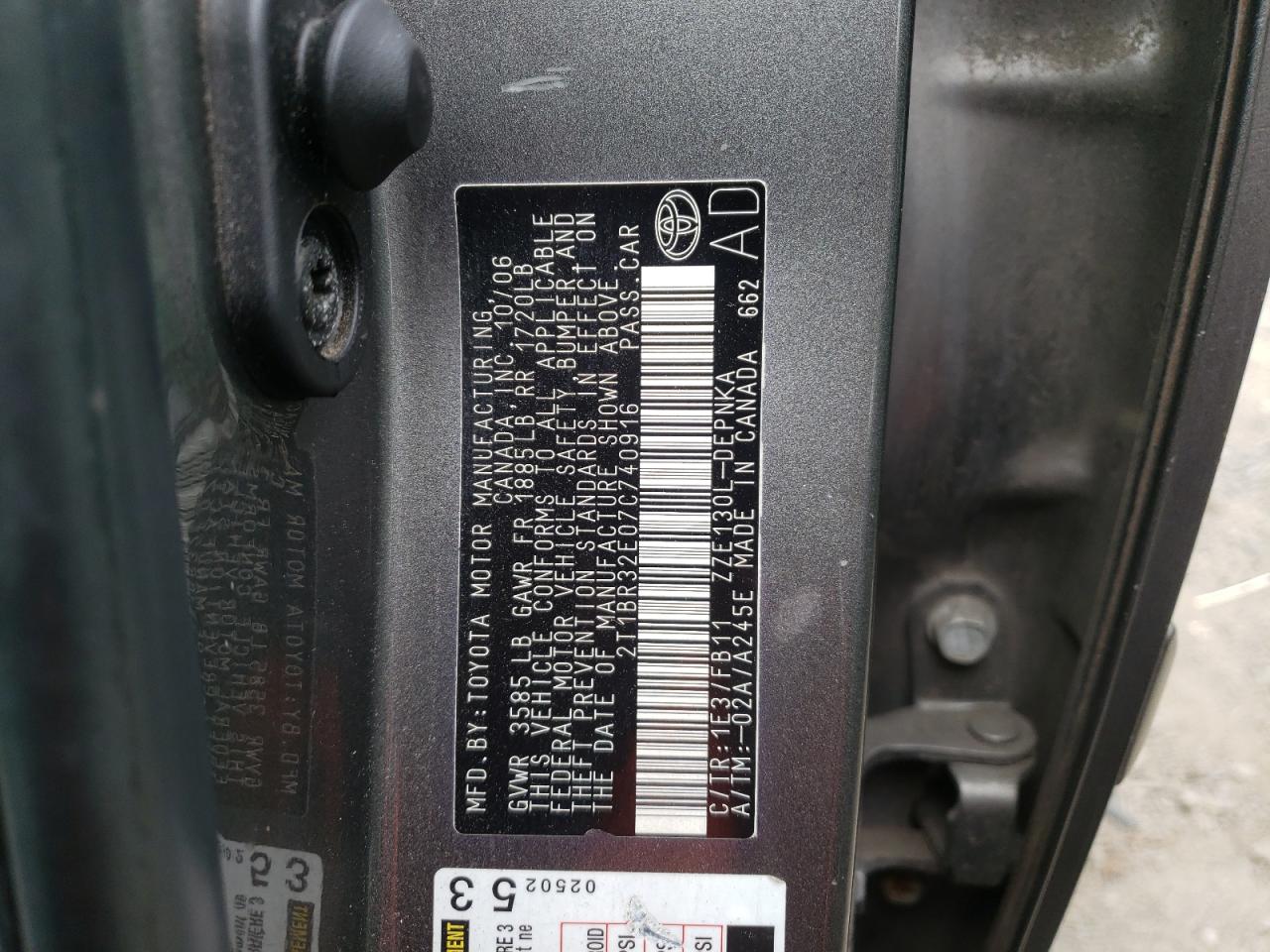 Photo 10 from auction – 2007 TOYOTA COROLLA CE with VIN 2T1BR32E07C740916