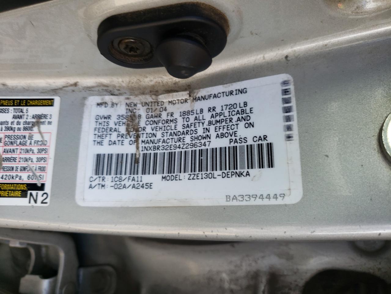 Photo 10 from auction – 2004 TOYOTA COROLLA CE with VIN 1NXBR32E94Z296347