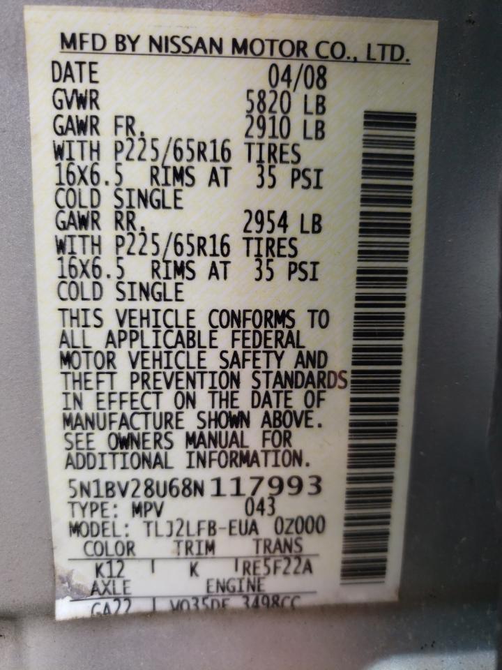 Photo 10 from auction – 2008 NISSAN QUEST S with VIN 5N1BV28U68N117993