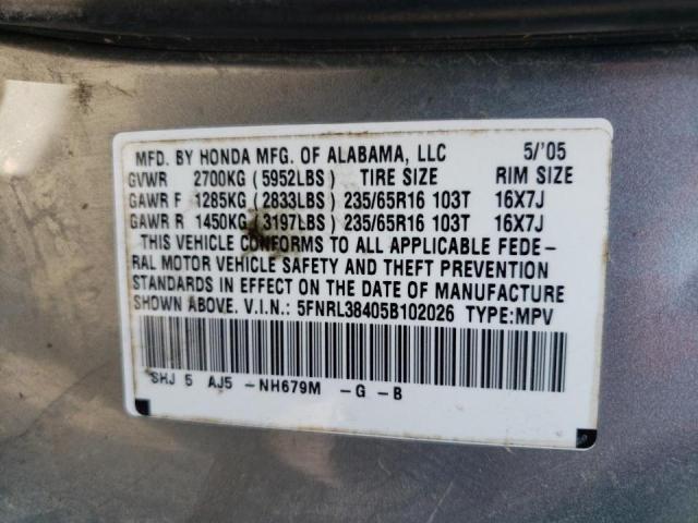 Photo 10 from auction – 2005 HONDA ODYSSEY EX with VIN 5FNRL38405B102026