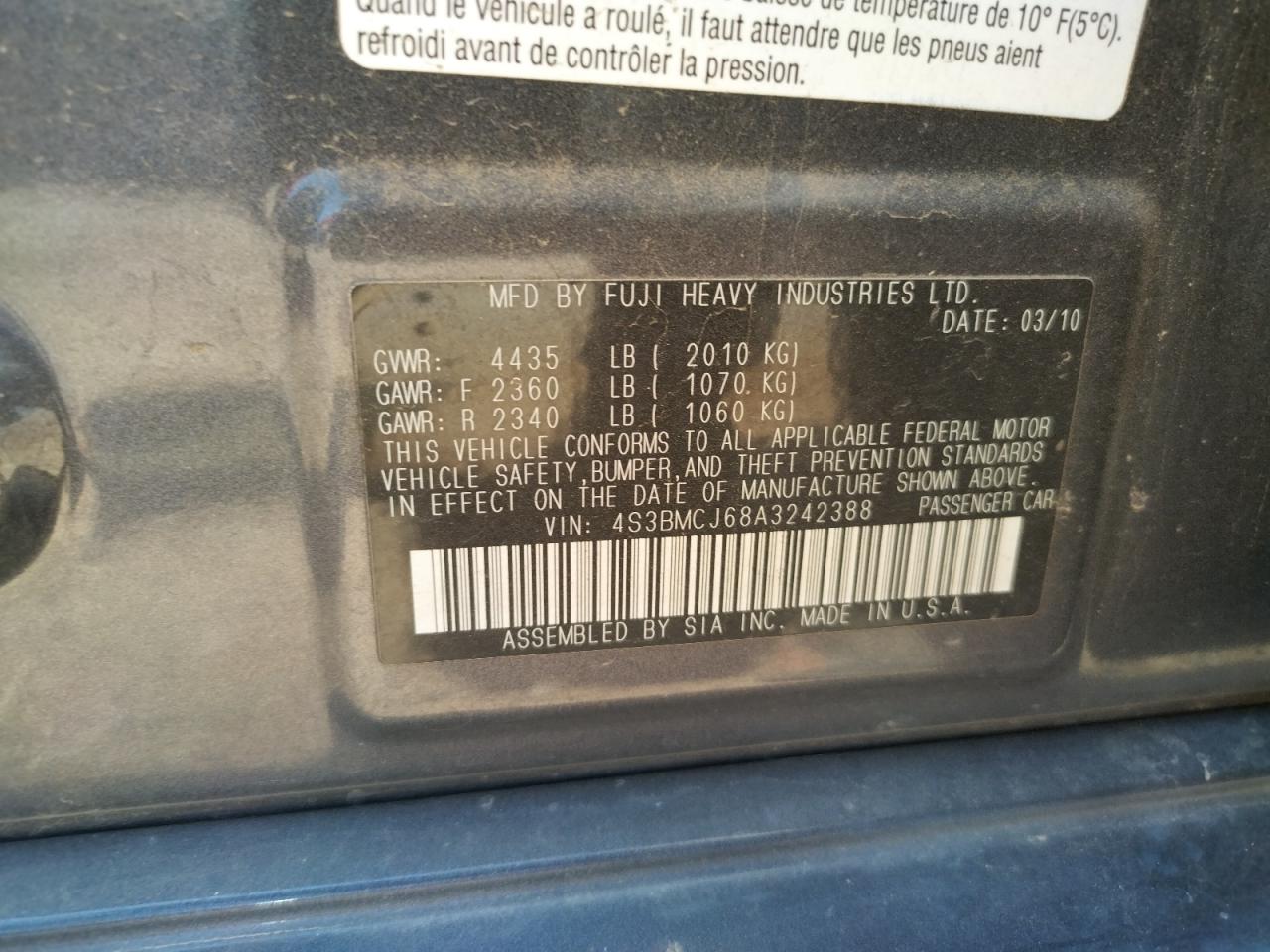 Photo 10 from auction – 2010 SUBARU LEGACY 2.5 with VIN 4S3BMCJ68A3242388