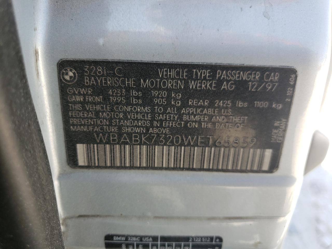Photo 10 from auction – 1998 BMW 328 IC with VIN WBABK7320WET65859