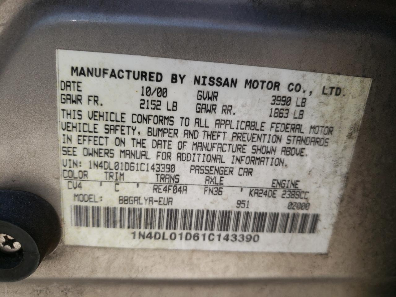 Photo 10 from auction – 2001 NISSAN ALTIMA XE with VIN 1N4DL01D61C143390