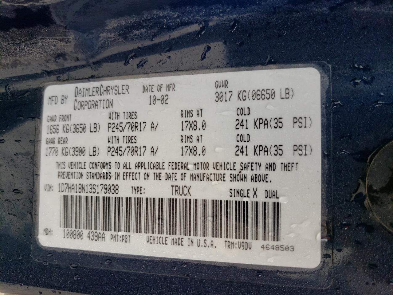 Photo 10 from auction – 2003 DODGE RAM 1500 S with VIN 1D7HA18N13S179038