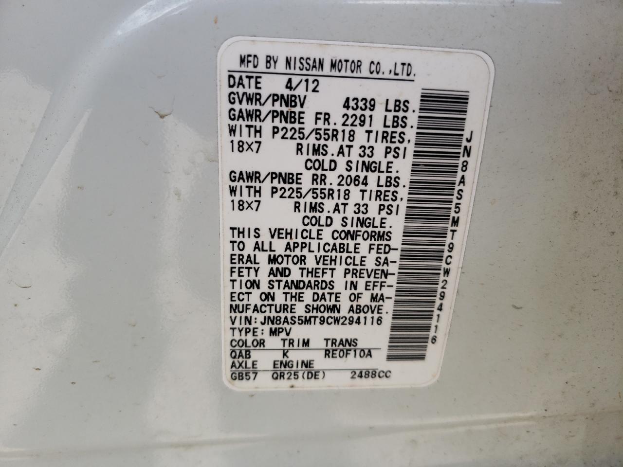 Photo 10 from auction – 2012 NISSAN ROGUE S with VIN JN8AS5MT9CW294116