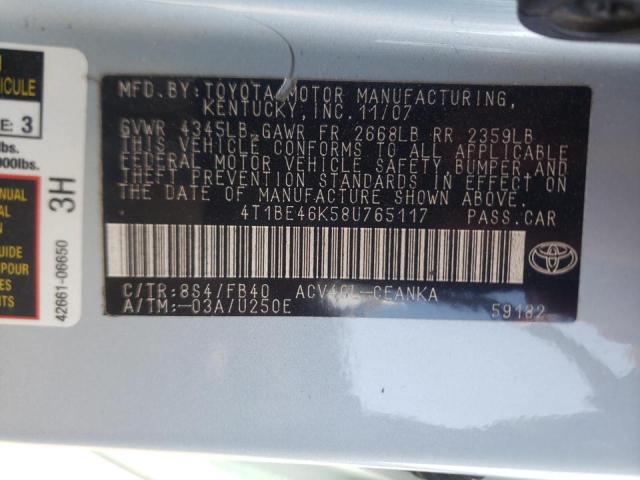 Photo 10 from auction – 2008 TOYOTA CAMRY CE with VIN 4T1BE46K58U765117