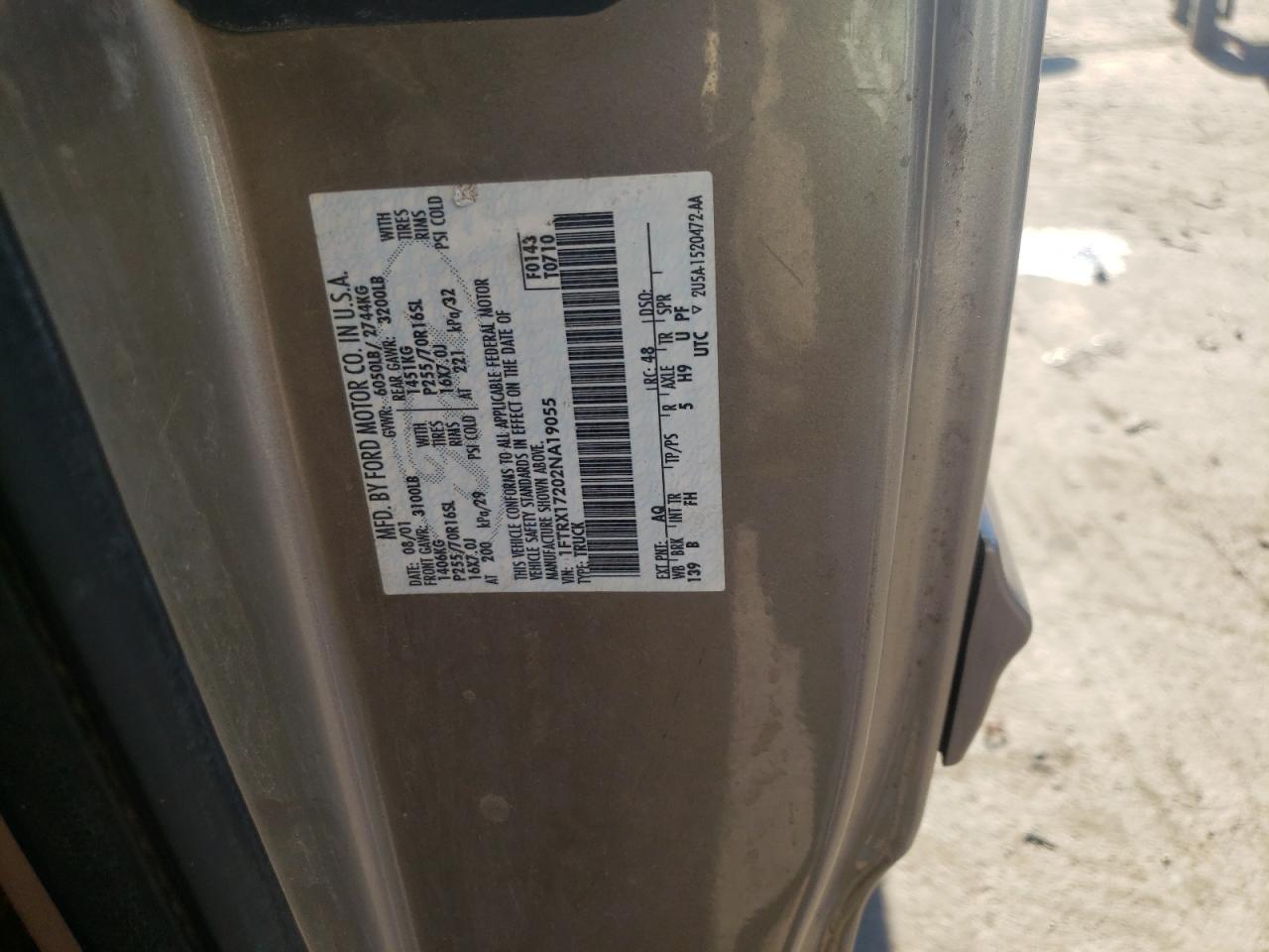 Photo 10 from auction – 2002 FORD F150 with VIN 1FTRX17202NA19055