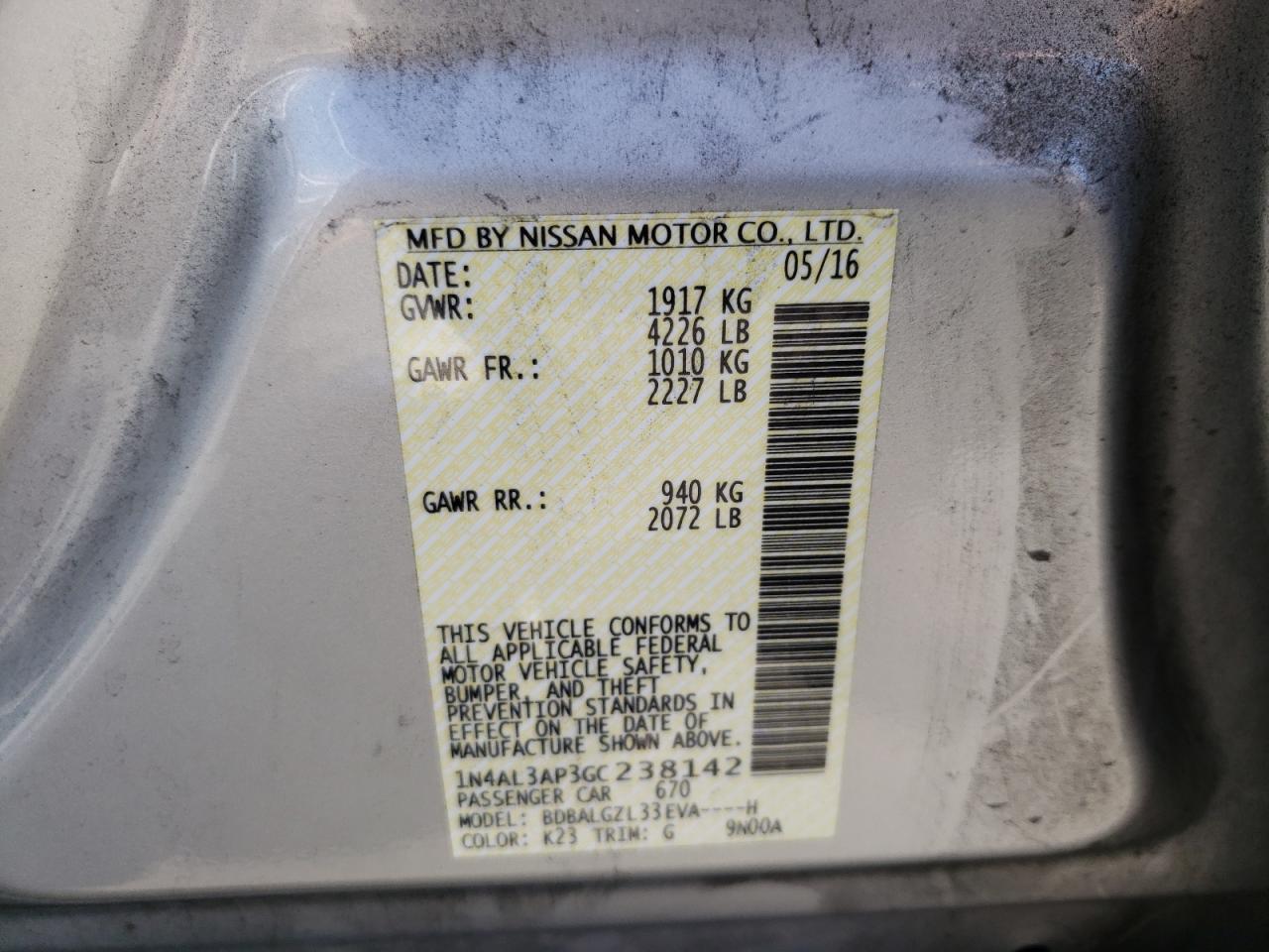 Photo 10 from auction – 2016 NISSAN ALTIMA 2.5 with VIN 1N4AL3AP3GC238142