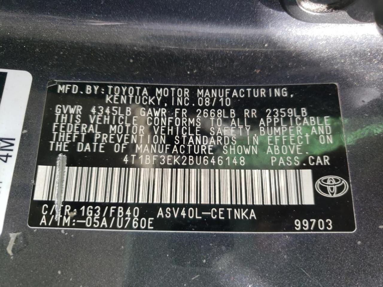 Photo 10 from auction – 2011 TOYOTA CAMRY BASE with VIN 4T1BF3EK2BU646148
