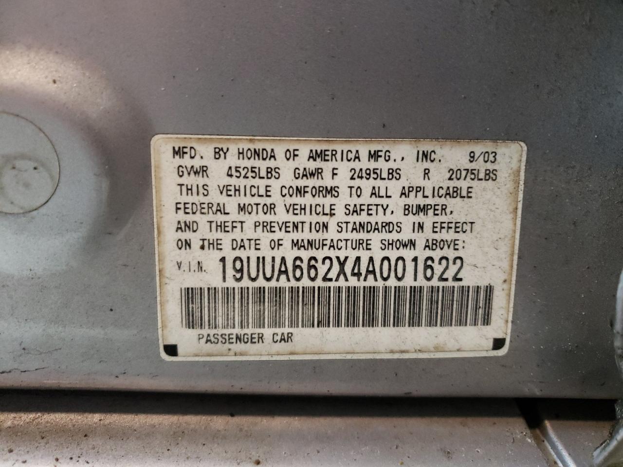Photo 10 from auction – 2004 ACURA TL with VIN 19UUA662X4A001622