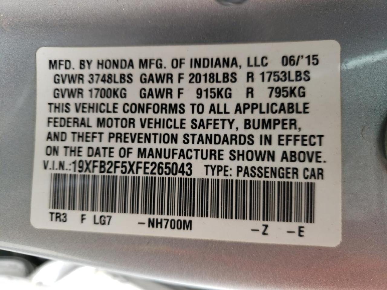 Photo 10 from auction – 2015 HONDA CIVIC LX with VIN 19XFB2F5XFE265043