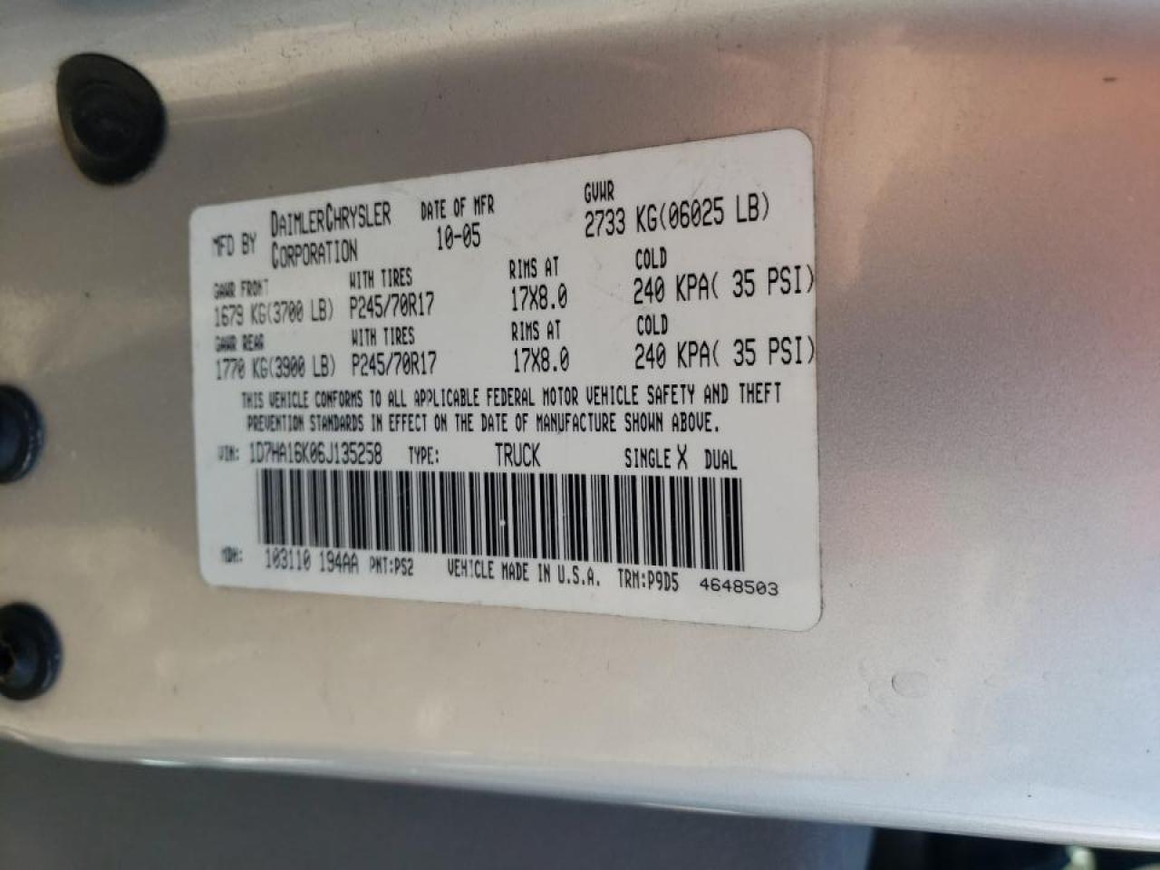 Photo 10 from auction – 2006 DODGE RAM 1500 S with VIN 1D7HA16K06J135258