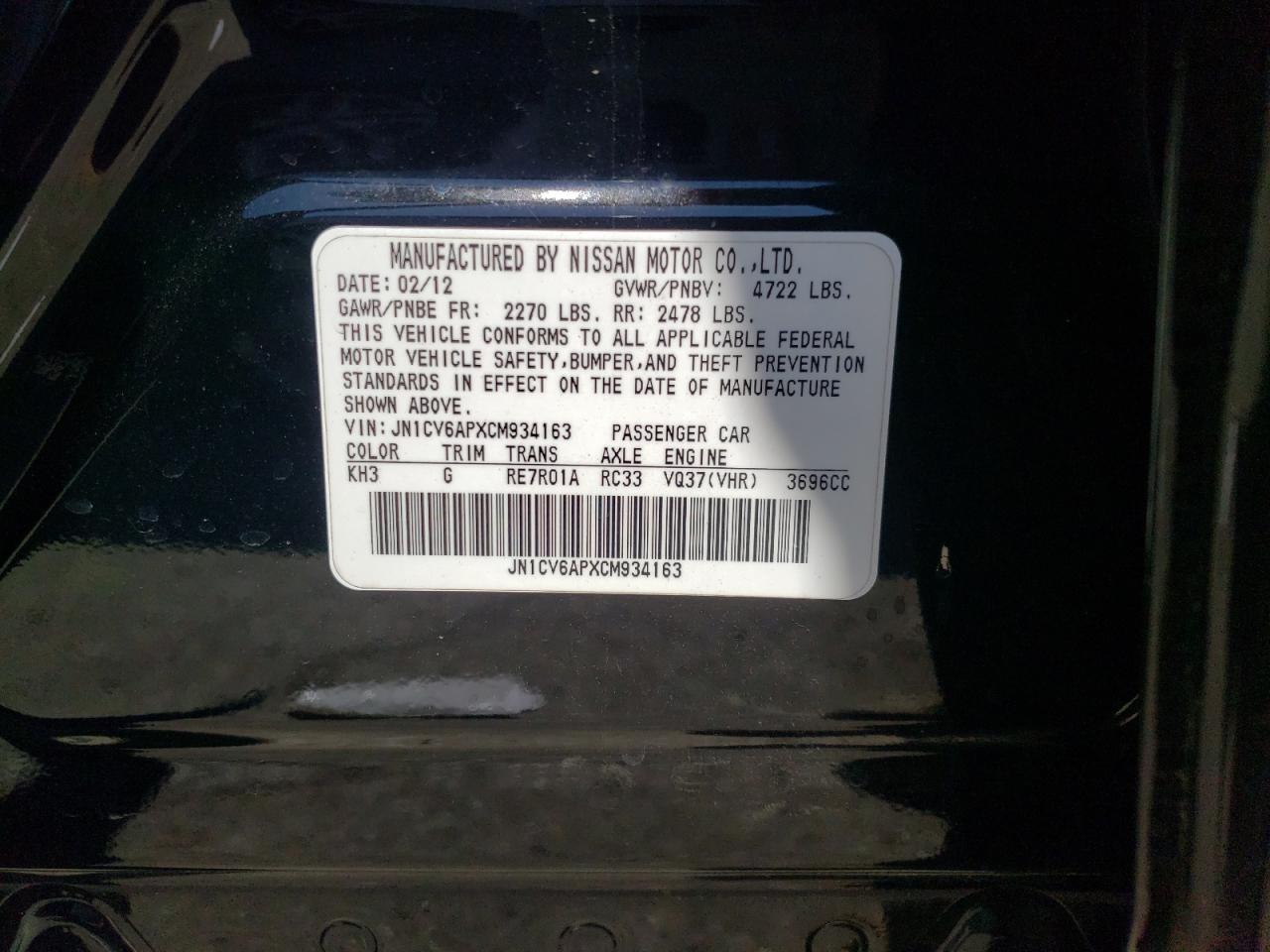 Photo 10 from auction – 2012 INFINITI G37 BASE with VIN JN1CV6APXCM934163