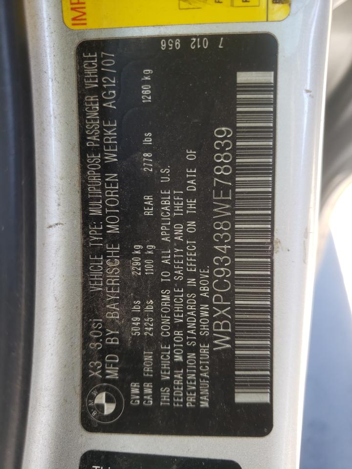 Photo 10 from auction – 2008 BMW X3 3.0SI with VIN WBXPC93438WE78839