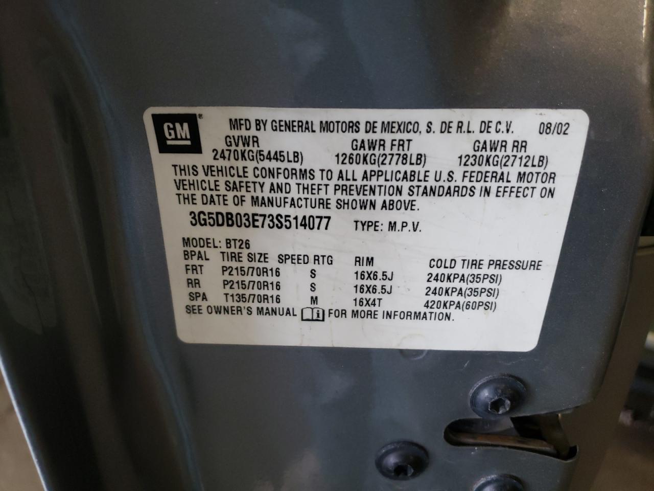 Photo 10 from auction – 2003 BUICK RENDEZVOUS with VIN 3G5DB03E73S514077