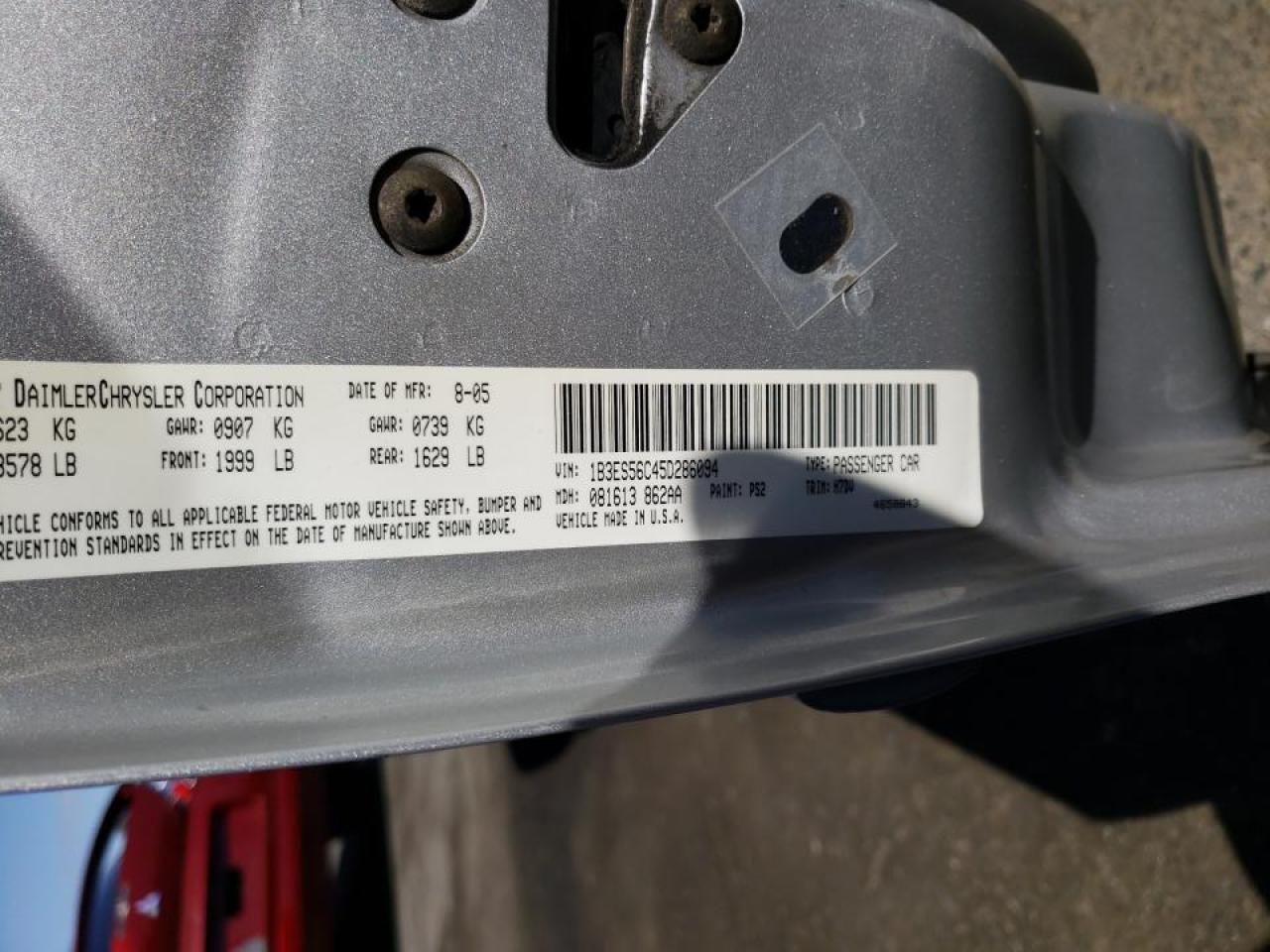 Photo 10 from auction – 2005 DODGE NEON SXT with VIN 1B3ES56C45D286094