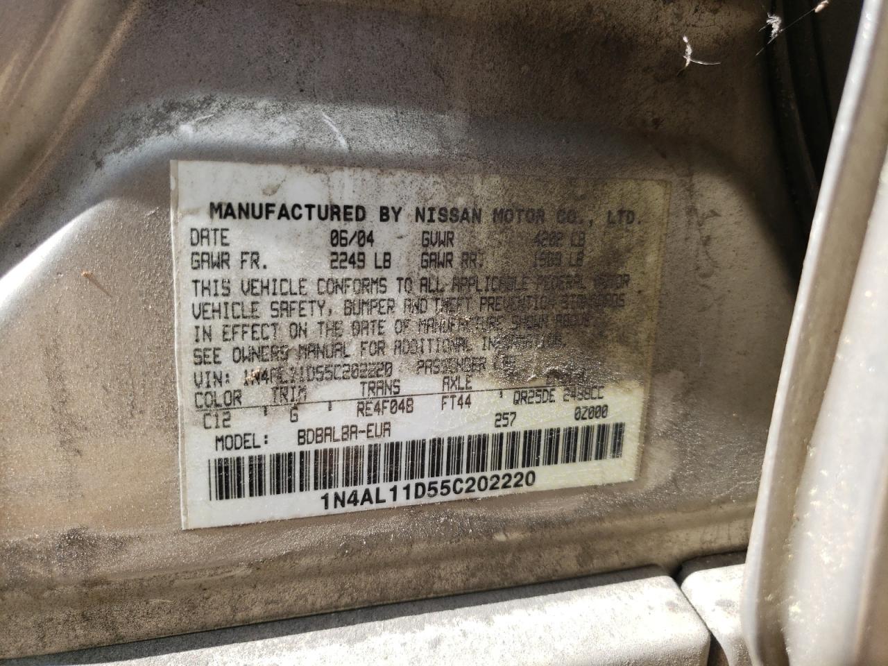 Photo 20 from auction – 2005 NISSAN ALTIMA S with VIN 1N4AL11D55C202220