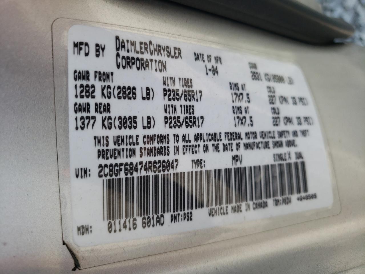 Photo 11 from auction – 2004 CHRYSLER PACIFICA with VIN 2C8GF68474R626047