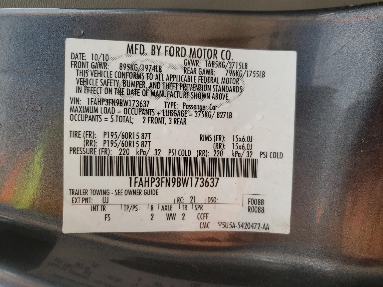 Photo 10 from auction – 2011 FORD FOCUS SE with VIN 1FAHP3FN9BW173637