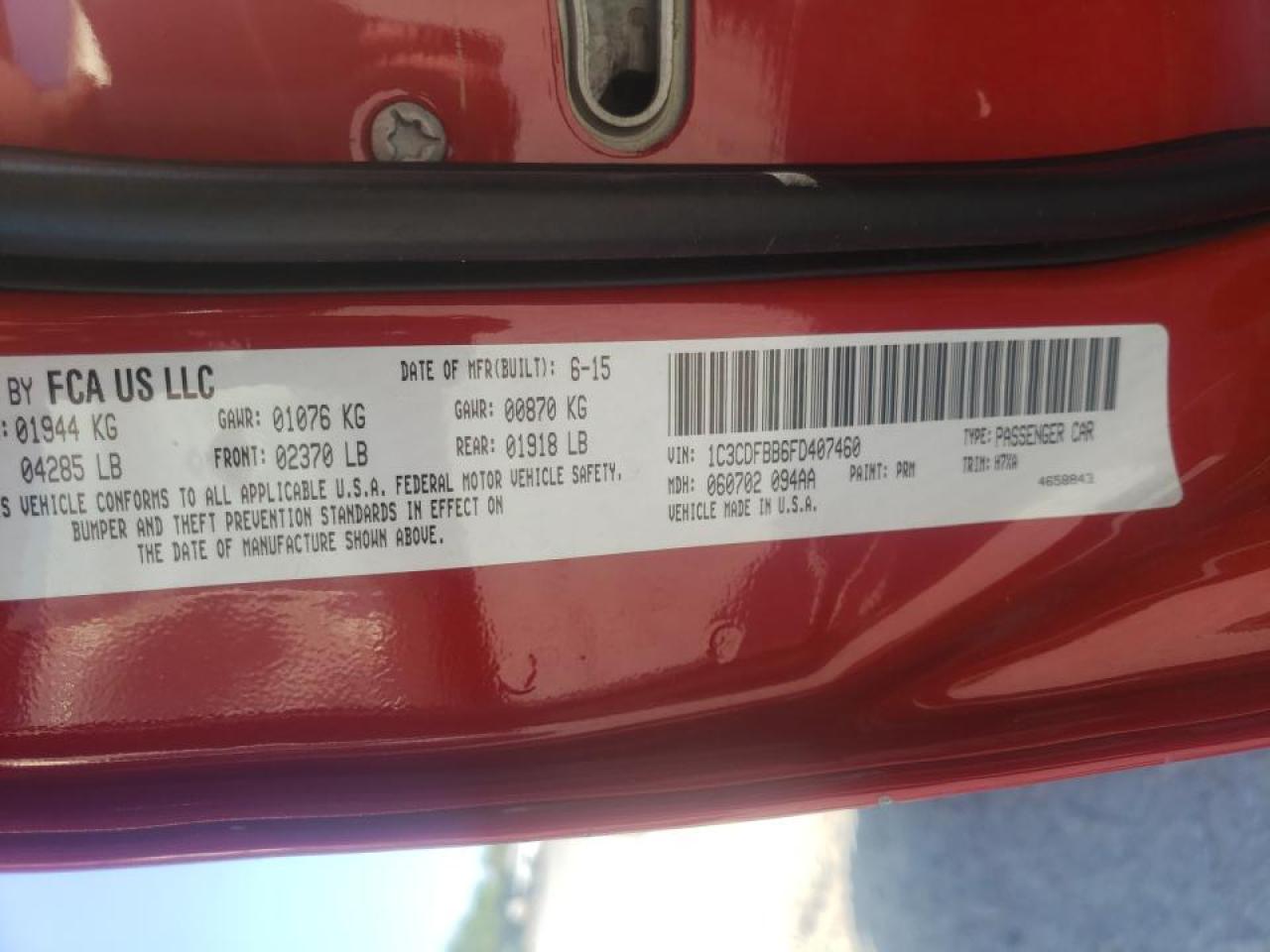 Photo 10 from auction – 2015 DODGE DART SXT with VIN 1C3CDFBB6FD407460