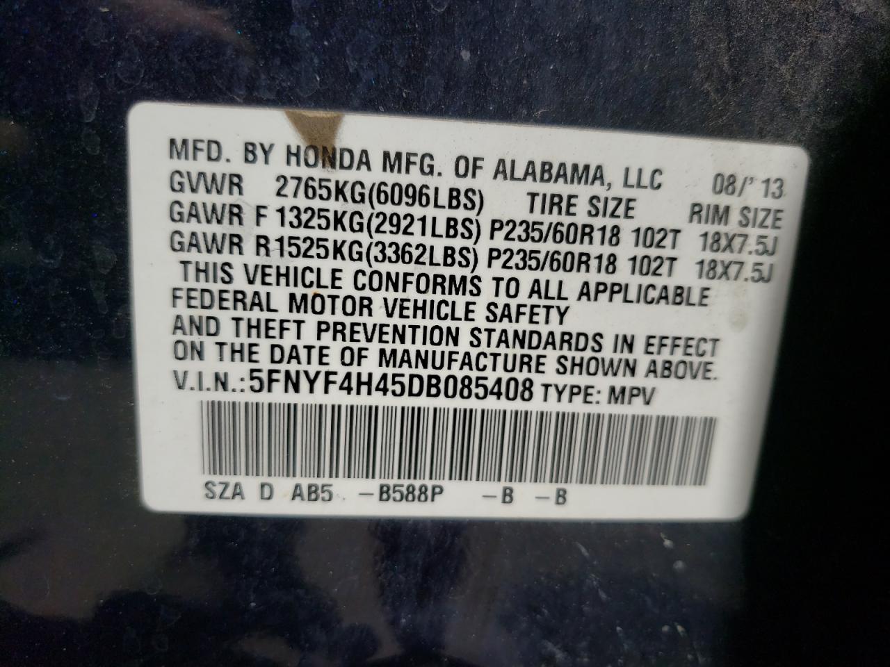 Photo 10 from auction – 2013 HONDA PILOT EX with VIN 5FNYF4H45DB085408