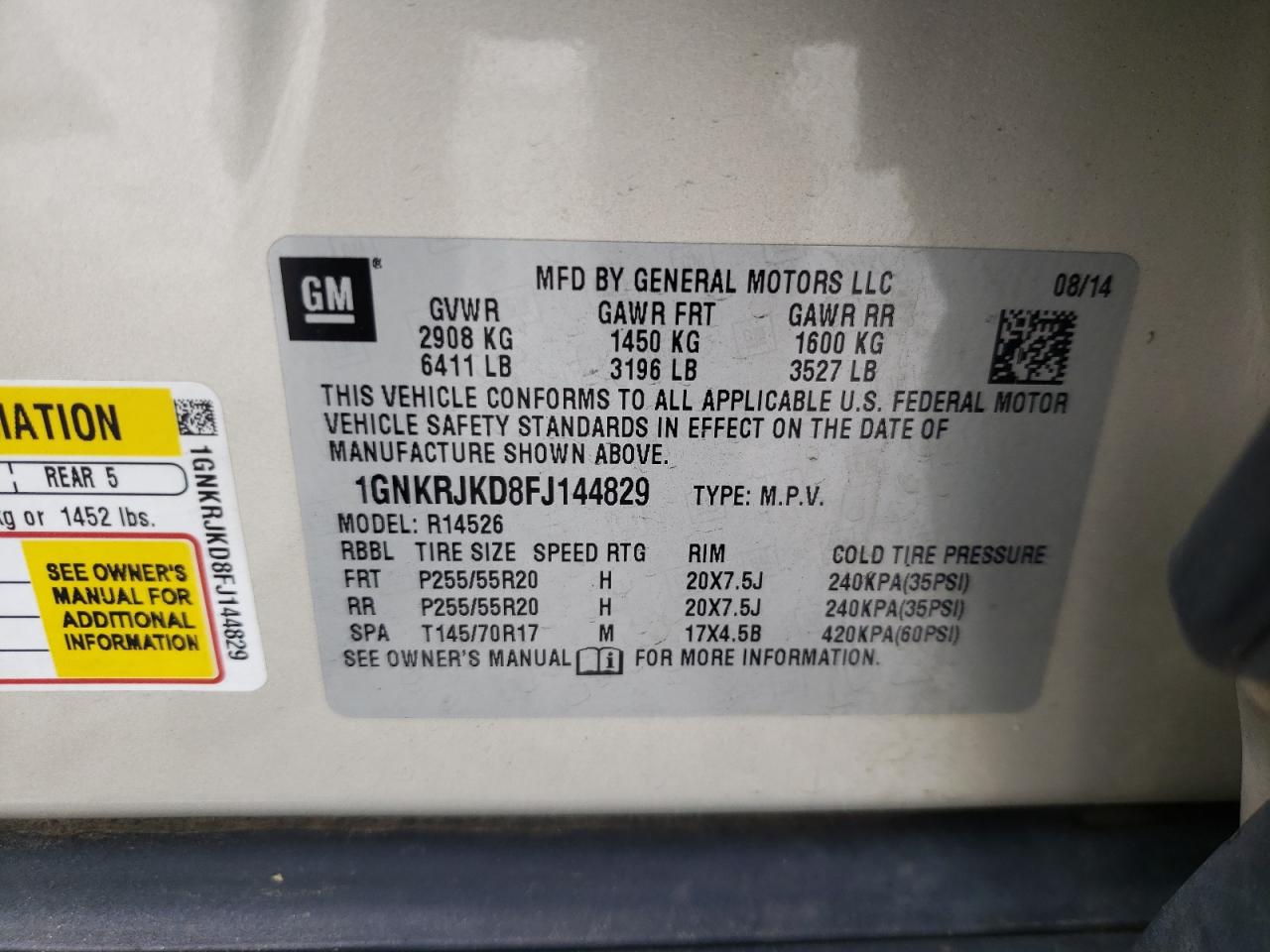 Photo 10 from auction – 2015 CHEVROLET TRAVERSE L with VIN 1GNKRJKD8FJ144829