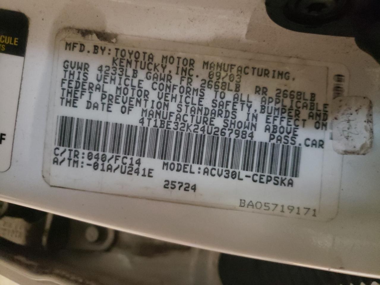 Photo 10 from auction – 2004 TOYOTA CAMRY LE with VIN 4T1BE32K24U267984