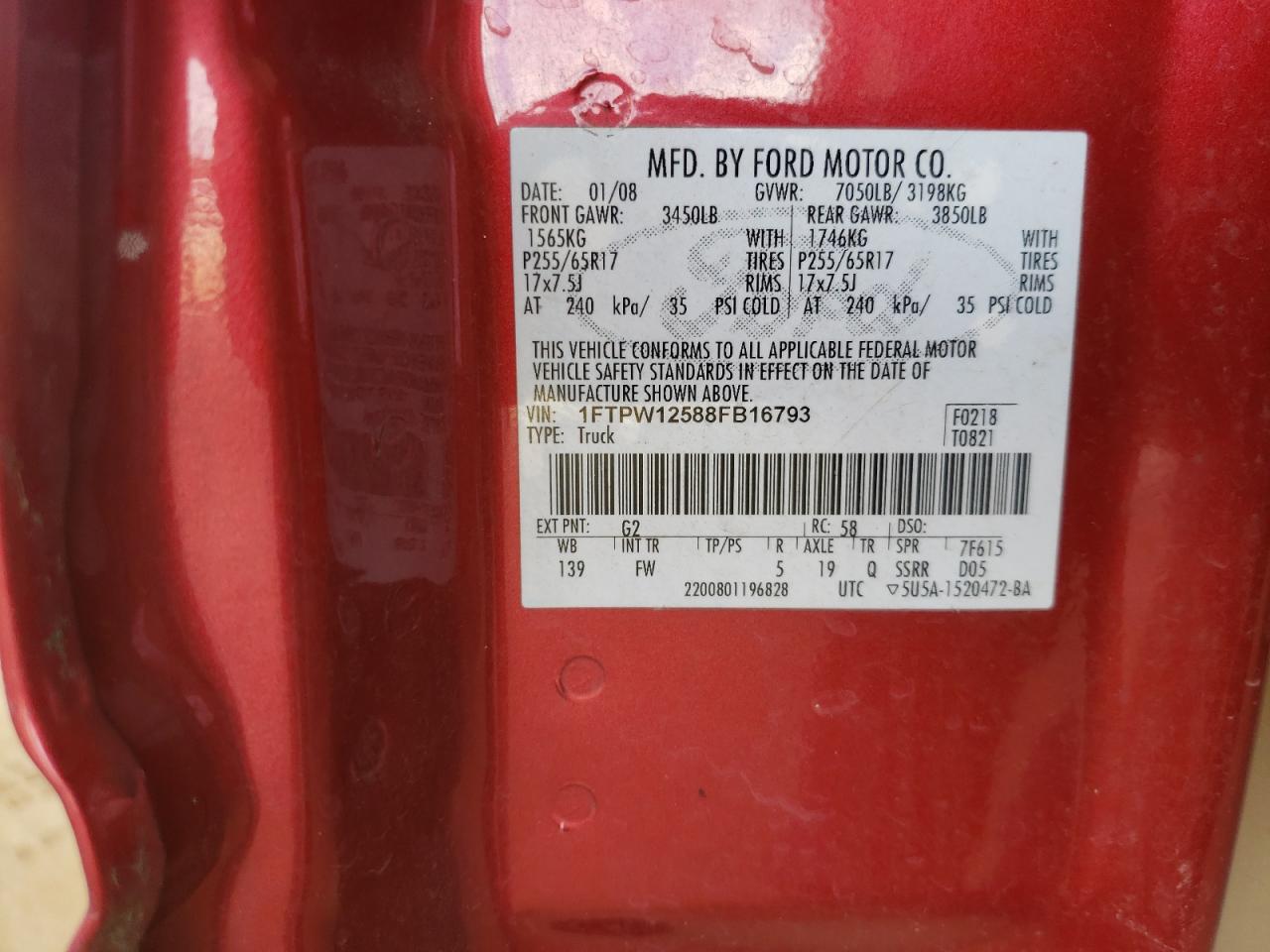 Photo 10 from auction – 2008 FORD F150 SUPER with VIN 1FTPW12588FB16793