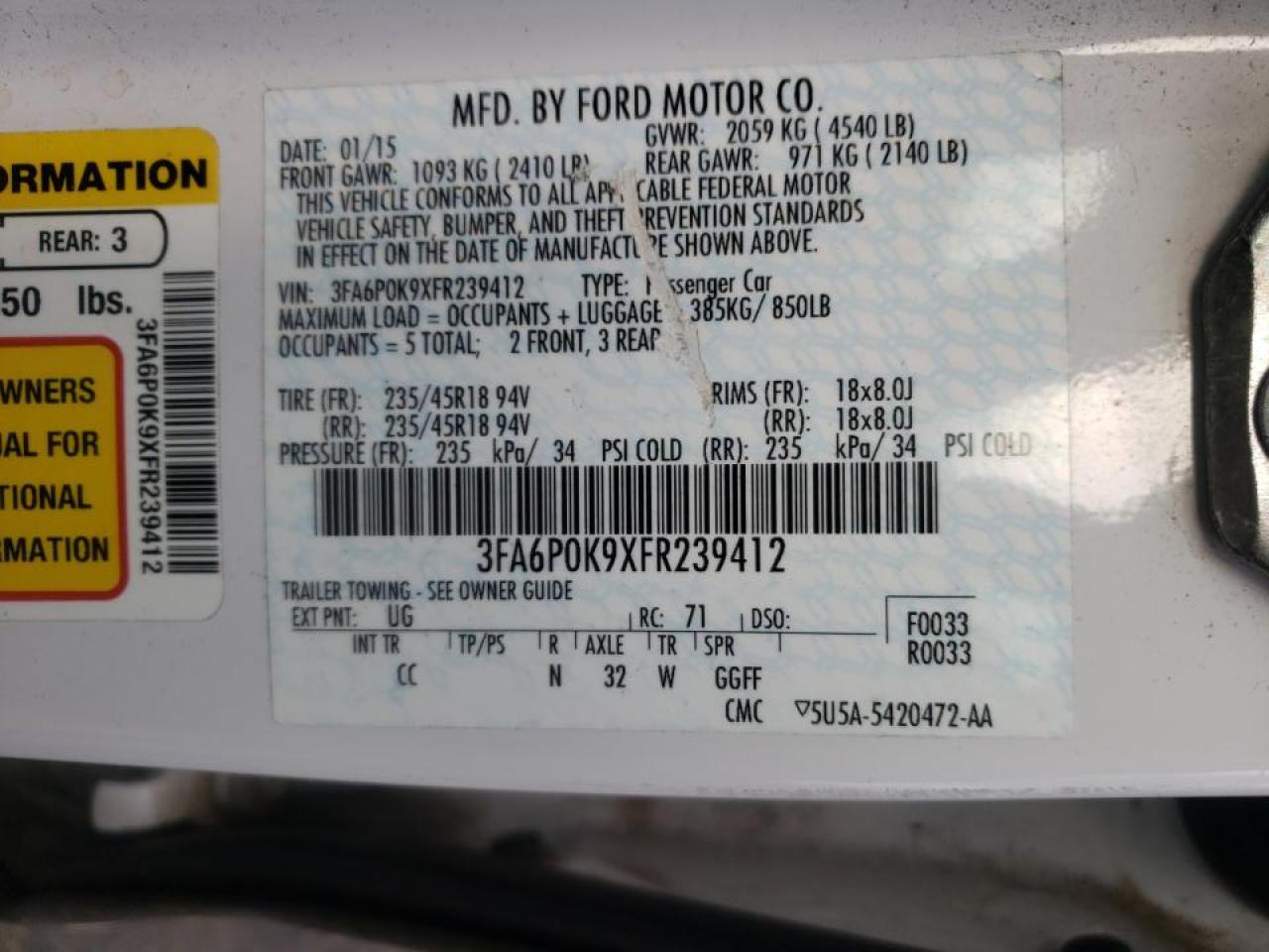 Photo 10 from auction – 2015 FORD FUSION TIT with VIN 3FA6P0K9XFR239412