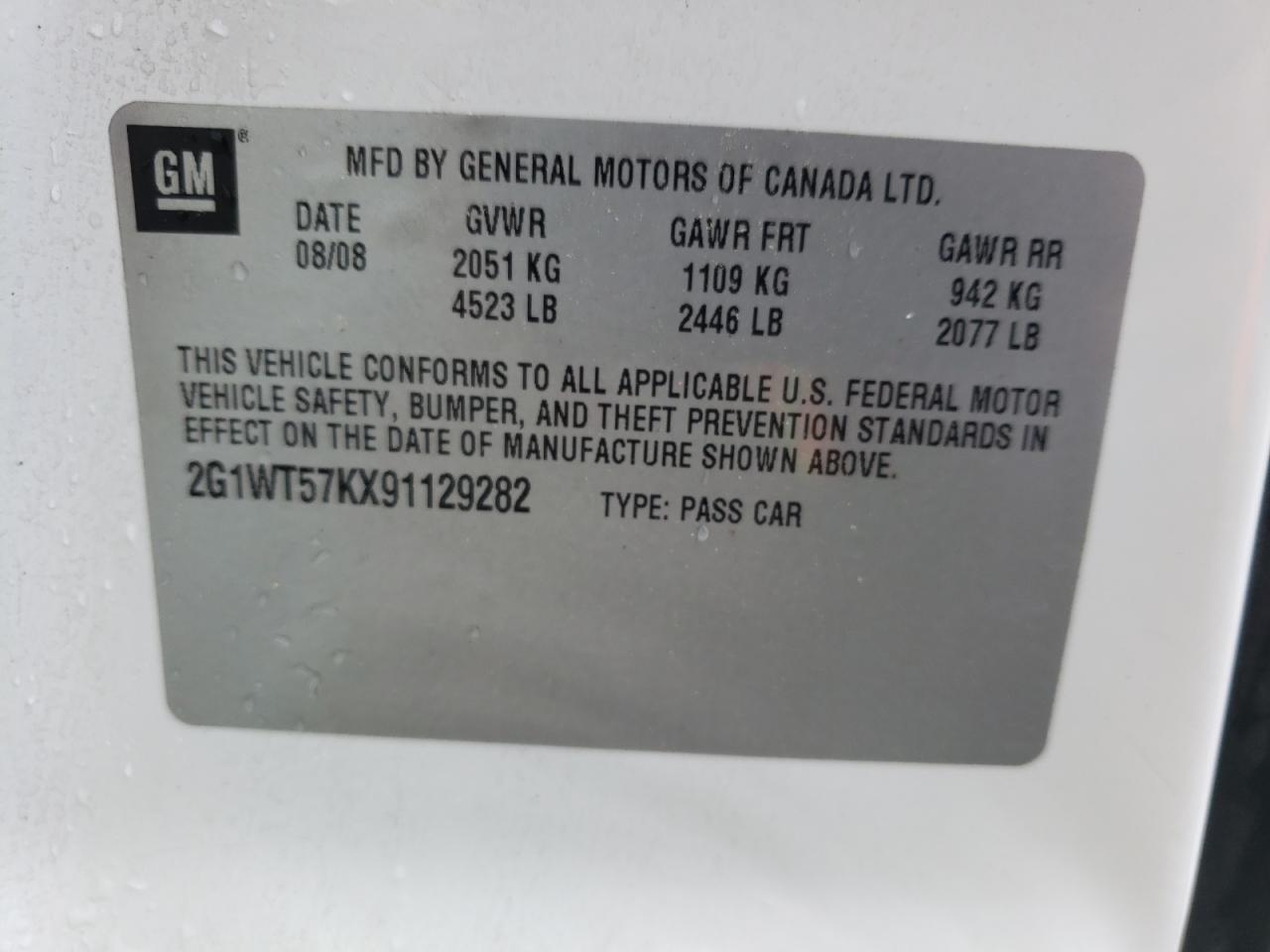 Photo 10 from auction – 2009 CHEVROLET IMPALA 1LT with VIN 2G1WT57KX91129282