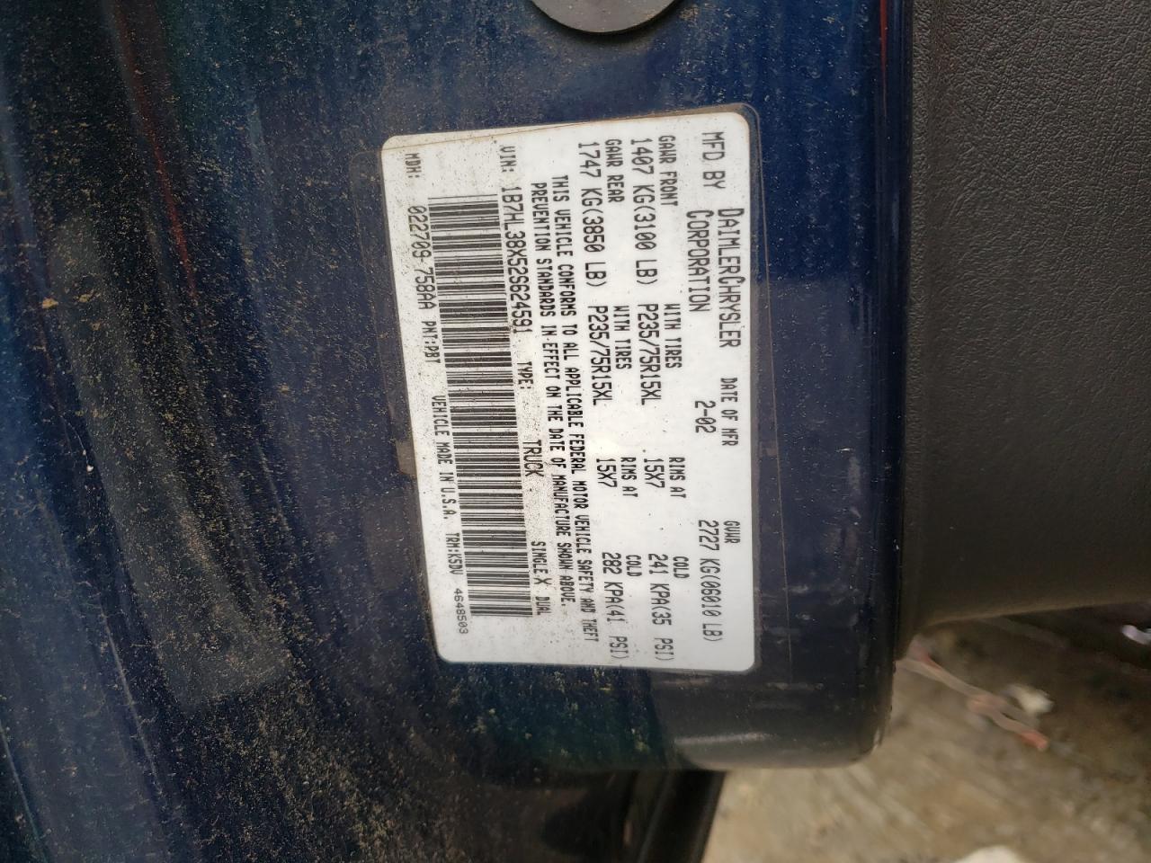 Photo 10 from auction – 2002 DODGE DAKOTA QUA with VIN 1B7HL38X52S624591