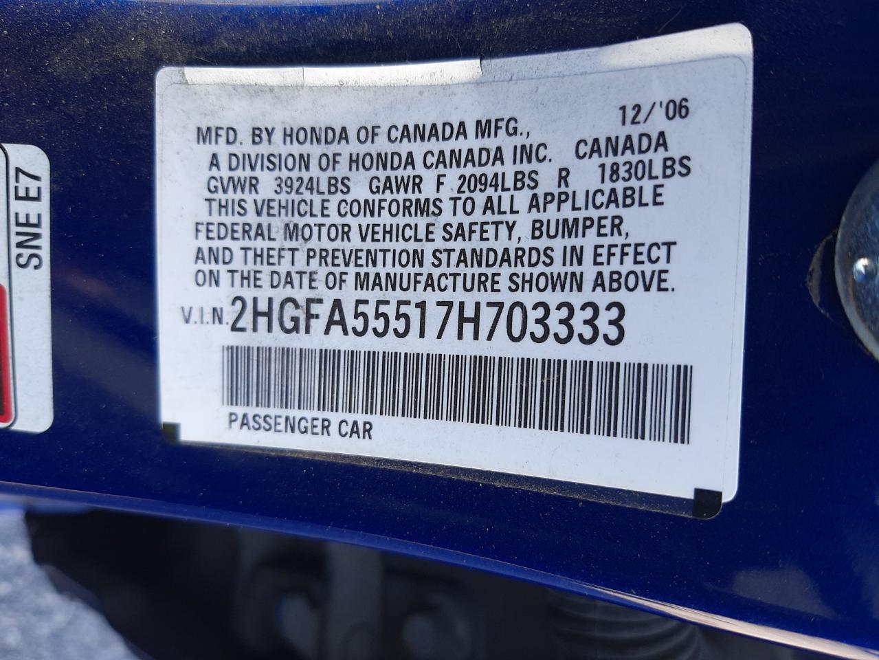Photo 10 from auction – 2007 HONDA CIVIC SI with VIN 2HGFA55517H703333