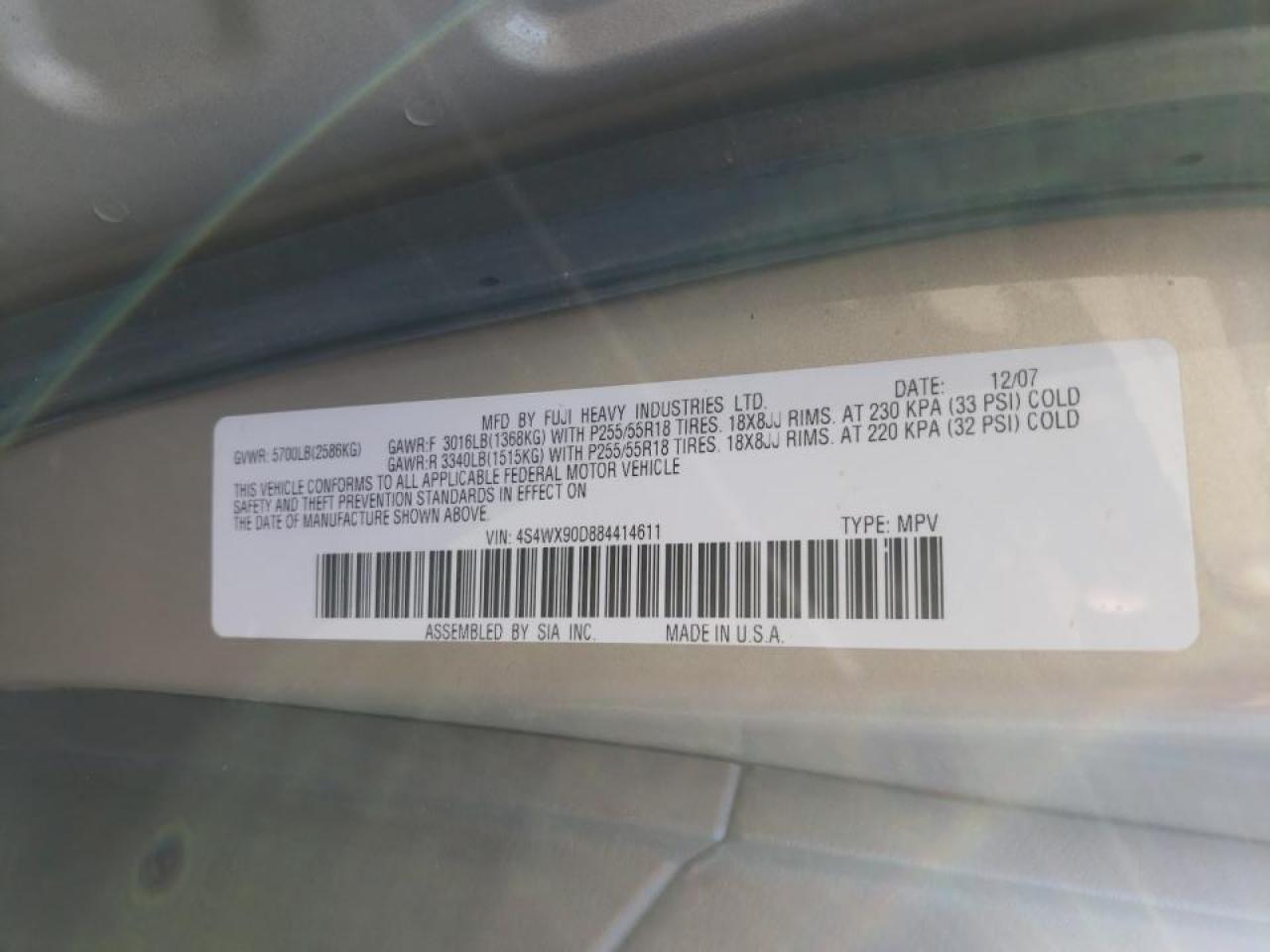 Photo 10 from auction – 2008 SUBARU TRIBECA LI with VIN 4S4WX90D884414611